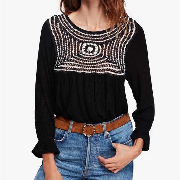 Free People Tops - Free People Soulmate Crochet Knit Boho Hippe Waffle Knit Tunic Long Sleeve Top